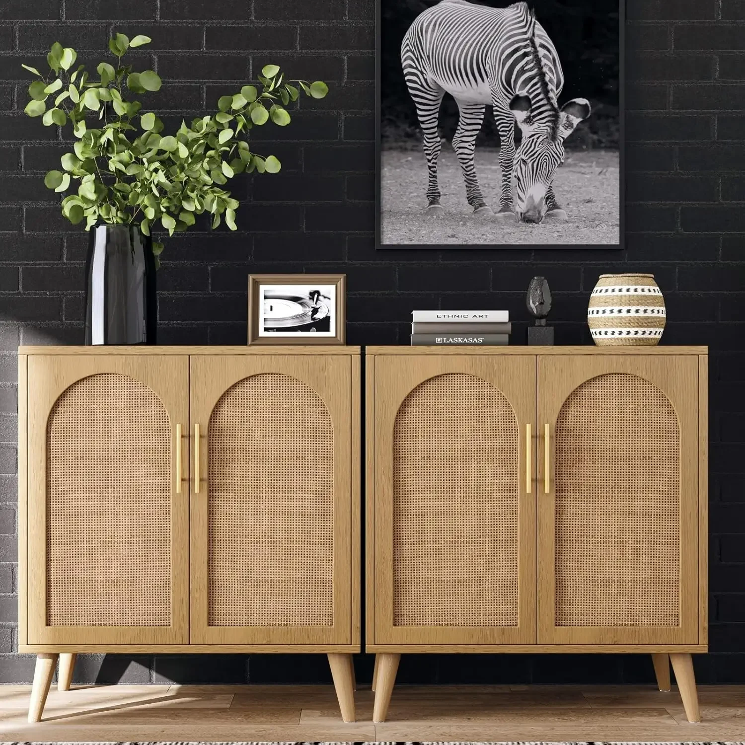 Rattan Storage Cabinet with Doors, Accent Bathroom Floor Cabinet, Modern Sideboard Buffet Cabinet for Living Room, Entryway