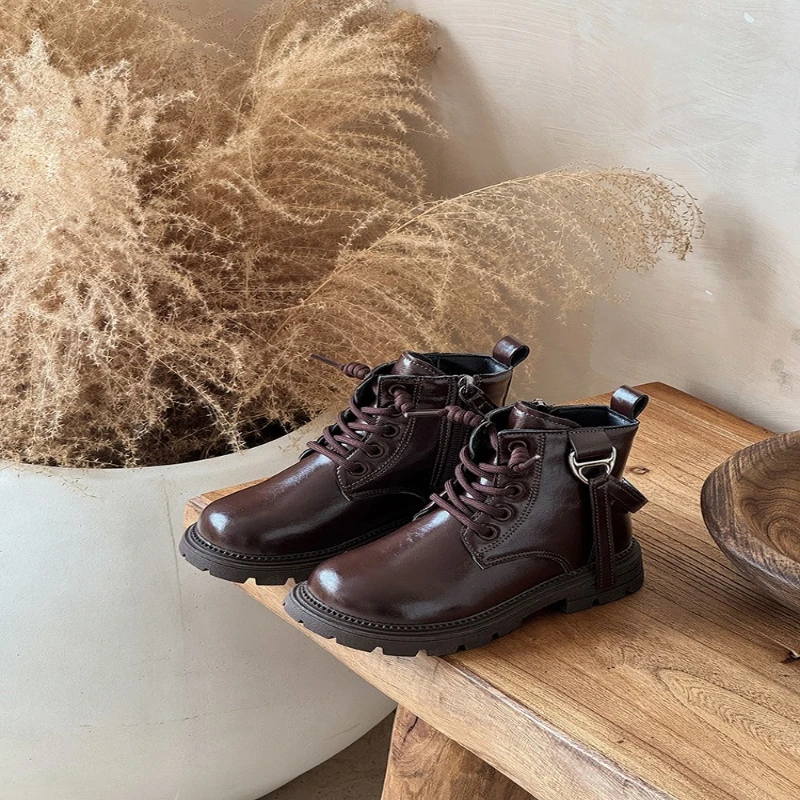 Botas Mujer Retro Versatile Girls Shoes 2025 Winter New British Style Kids Leather Boot Comfort Non Slip Girls' Ankle Boots