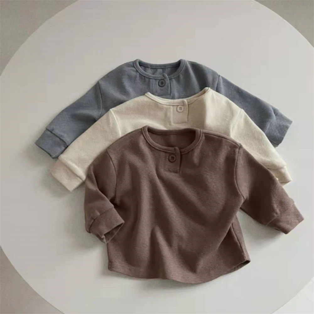 Baby Boys Girls Long Sleeve T-shirts Cotton Solid Basic Tee Round Neck Spring Autumn Toddler Baby Clothes Korean Style Tops