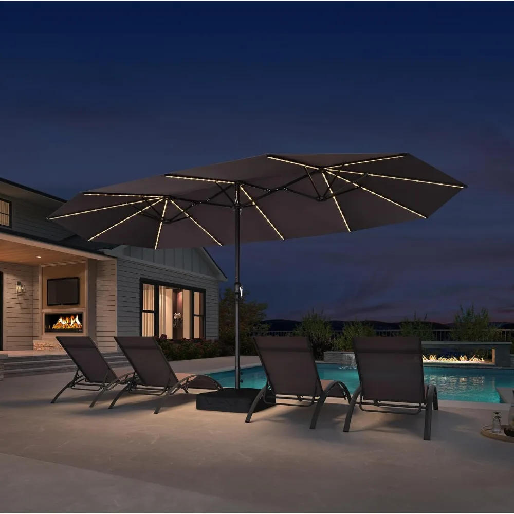 

15ft Patio Market Umbrella with Solar Lights and Base Double-Sided Rectangle Outdoor Table Sun Umbrellas with Crank for Pool Be