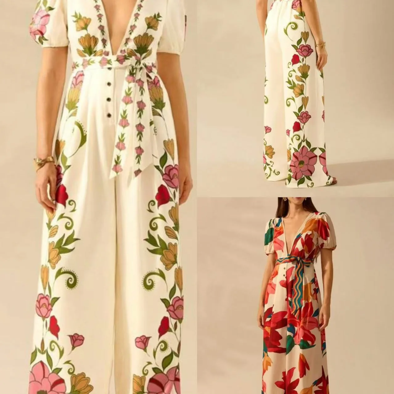 

Fashion Print V Neck Short Sleeve Jumpsuit with Belt Women Summer Wide Leg Pants Jumpsuits Female Causal Girls Daily Streetwear