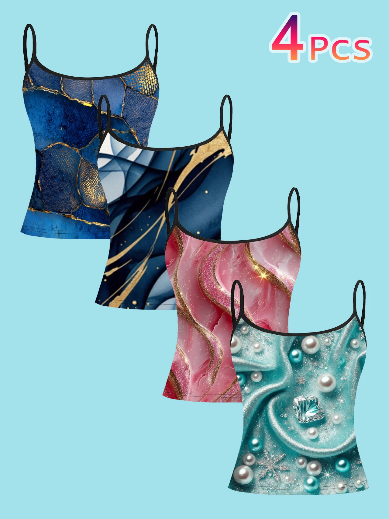 4-Piece Set of Gold-Plated Marble Gemstone Print Camisole Tops for Women, Light Luxury Fluid Art Thin Strap Slim Fit Inner Wear Tops