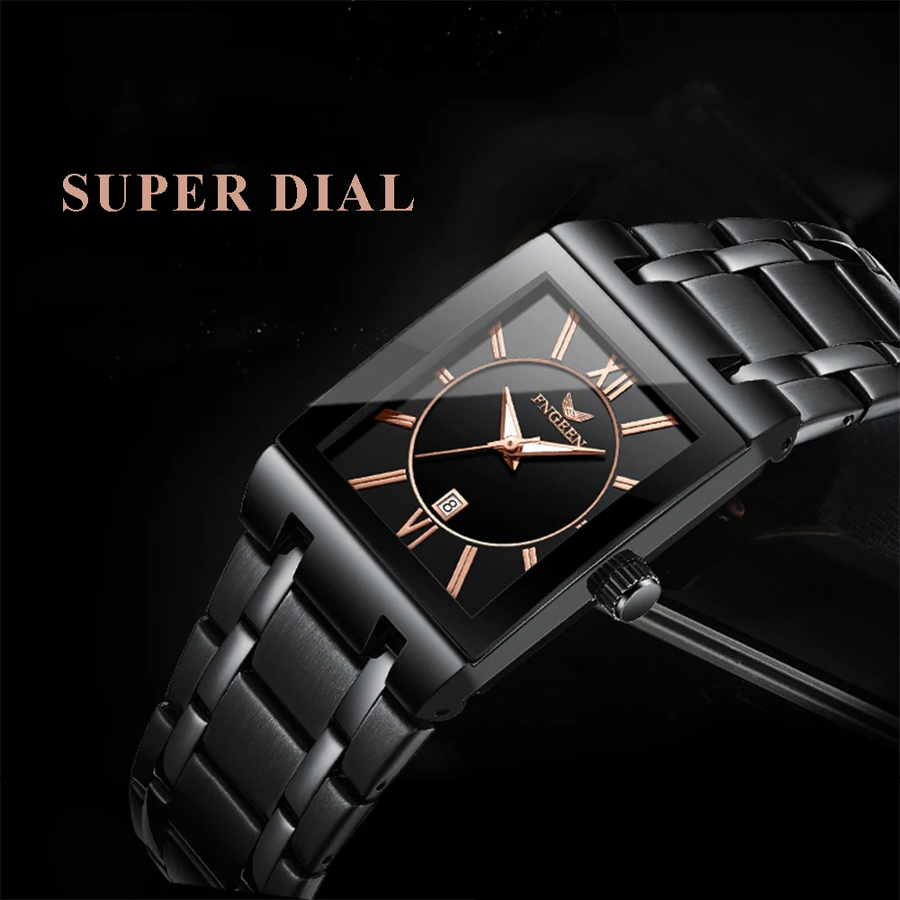 

Fashion Black Steel Bracelet Wristwatch Simple Square Luminous Pointer Male Clock Date Calendar Luxury Business Men Quartz Watch