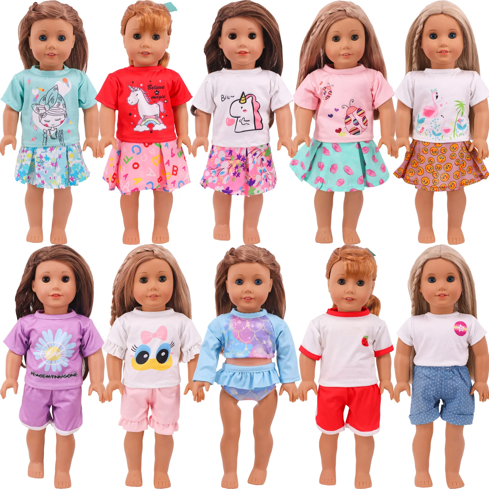 Doll Clothes Summer Short Sleeve + Skirt Cartoon Character Print For 18 inch American Clothes for 43 Cm Bron Baby Our Generation