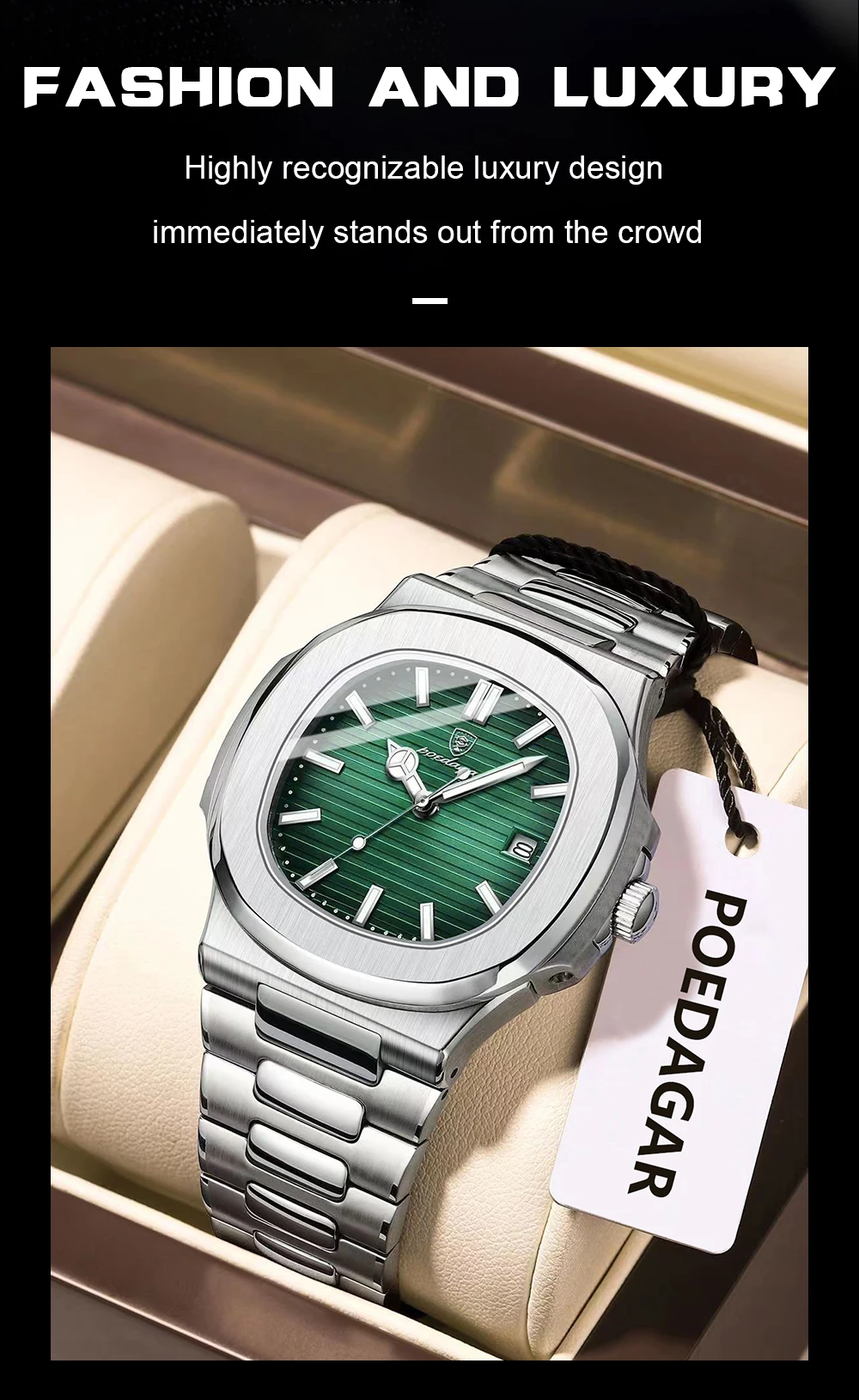 POEDAGAR Original Platz Männer Armbanduhr Datum Wasserdicht Edelstahl Leucht Mann Uhr Mode-Business Quarz herren Uhren – Detail 3