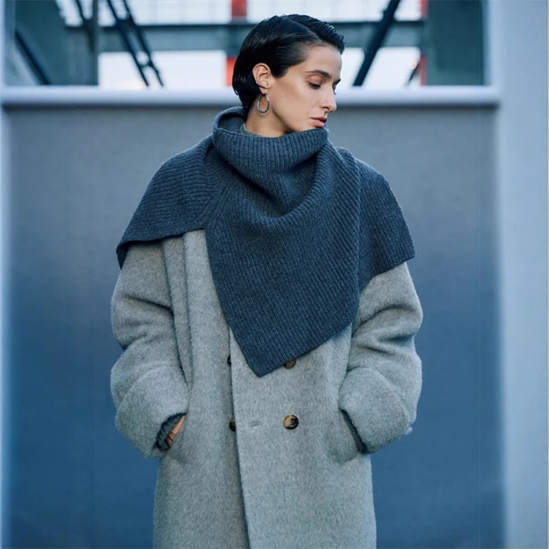 

2025 Winter Retro Gray Knit Scarf Women's Turtleneck Pullover Neck Gaiter Elegant Layered Outerwear Warm Wrap