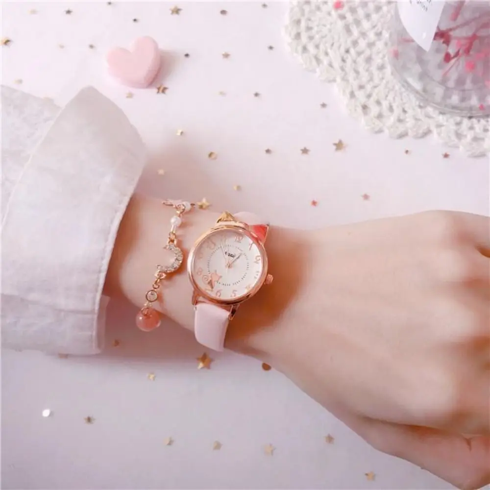 Fashion Quartz Clock Watch Bracelet Set Leather Watchband Casual Quartz Watch Cute Cat Ear Bracelet