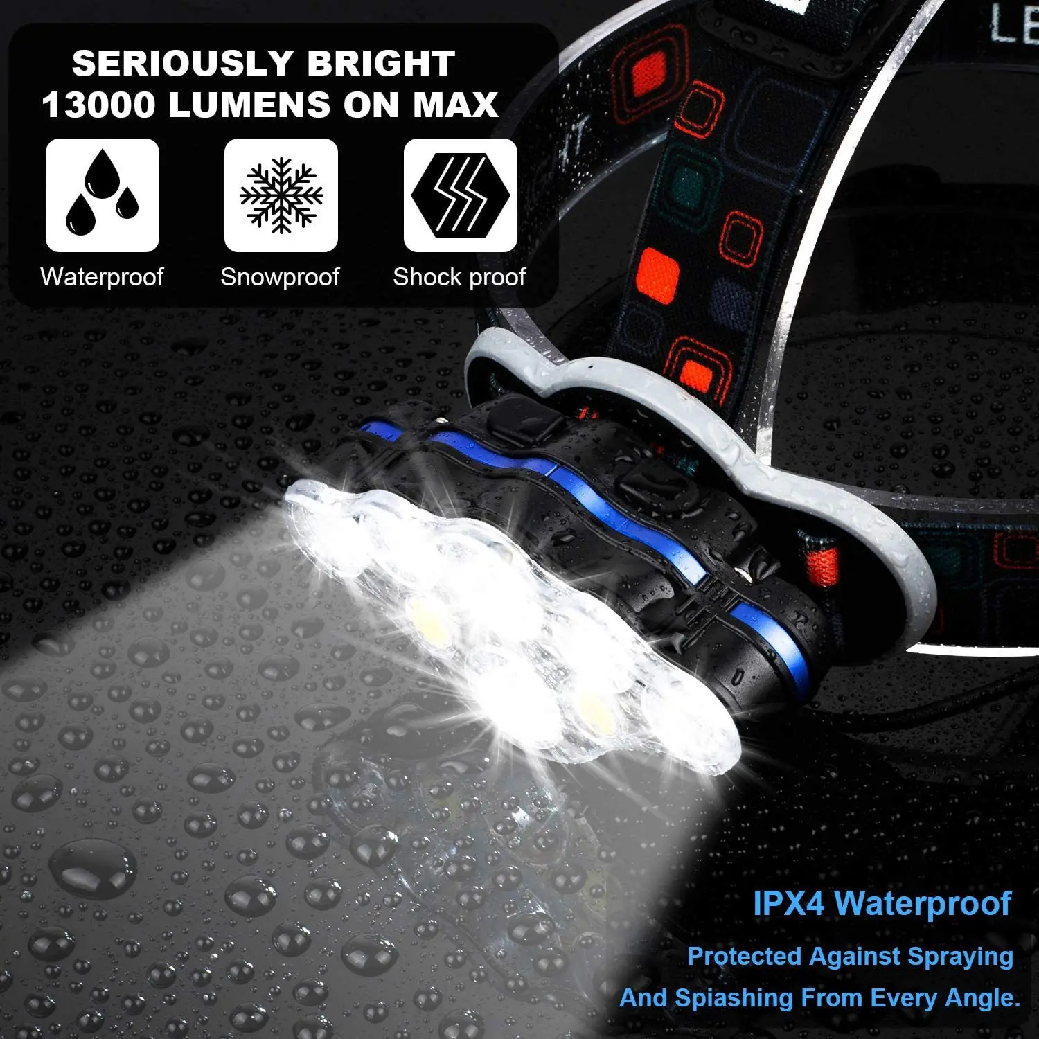 مصباح أمامي T6 LED متعدد الوظائف للتخييم في الهواء الطلق والصيد الليلي مقاوم للماء وشحن USB مصباح أمامي قوي COB