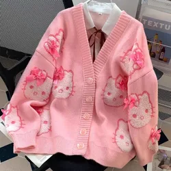 Kawaii Hello Kitty modny słodki sweter sweter wiosenny i jesienny dorywczo luźna kurtka z dekoltem w kształcie litery V dla kobiet