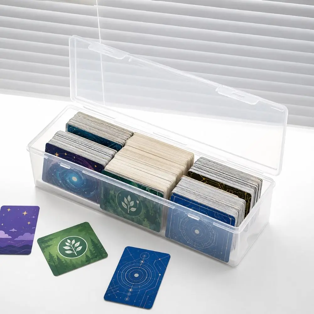 Transparente Kartenaufbewahrungsbox aus Kunststoff mit Verstellbaren Trennwänden, Staubdichtem Deckel und Fächern für Sammelkarten