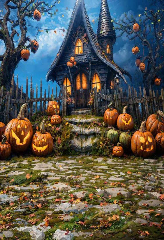 

halloween village house pumpkin outdoor tree backdrops computer print party supplies Photography Studio Backgrounds