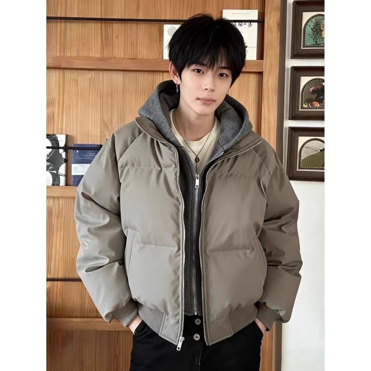 

ey Hooded Thiened Warmth Cotton Jaet Men's Sle ort Bread ape Splicing Design Stand Fit Daily Wear Polyester Fiber