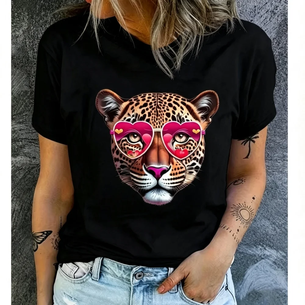 Aliexpress Women's Basic Short-Sleeve T-Shirt – Western-Style Graphic Print (Leopard, Heart, Sunglasses) – Simple Crew Neck – Casual Top for Daily Wear & Outings - Aliexpress Deal