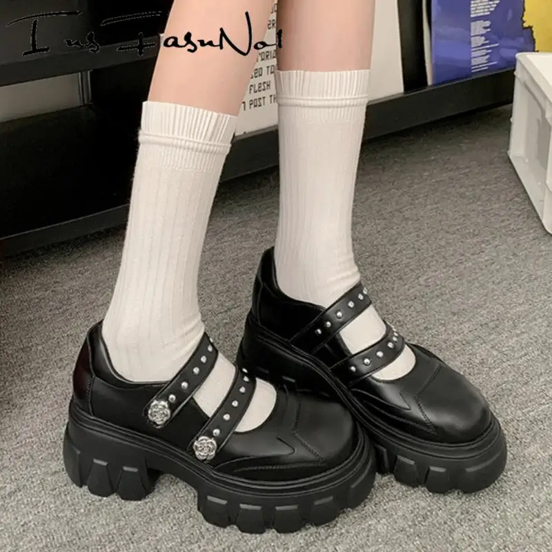 

Genuine Leather Thick Bottom Platform Women's Loafers Fashion Metal Decoration Hook Loop High Heel Single Shoes All Match Pumps