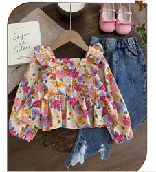 Girls Autumn Clothes Suits 2023 New Children's Lace Denim Flared Jeans Pants +  Cartoon Bear Floral Top Shirts Clothing Set