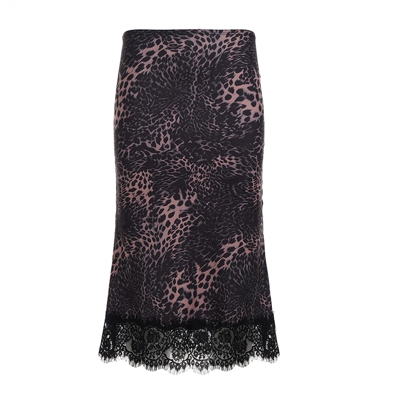 SUCHCUTE Vintage Low-Waist Leopardenmuster Spitze Patchwork Rock Y2K Streetwear Spitzenbesatz Saum Langer Rock Elegante Ästhetik 2025 – Detail 4