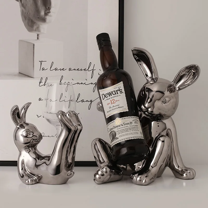 

Creative Silver-plated Rabbit Ceramic Decor Wine Cup Bottle Rack Luxury Crafts Wedding Home Table Cabinet Decoration Gifts