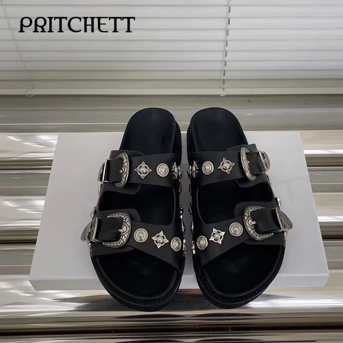 Silver Metal Decorative Platform Slippers Round Toe Leather Open Toe Slippers Personality Casual Fashion Women's Shoes