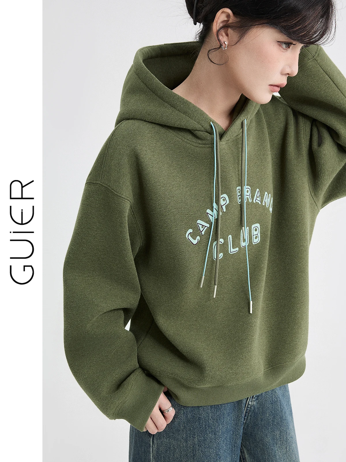 

Женская толстовка Guier с капюшоном на флисовой подкладке, с буквенным принтом, в стиле колор-блок, повседневная, универсальная, весенняя новинка, свободный крой, с длинными рукавами