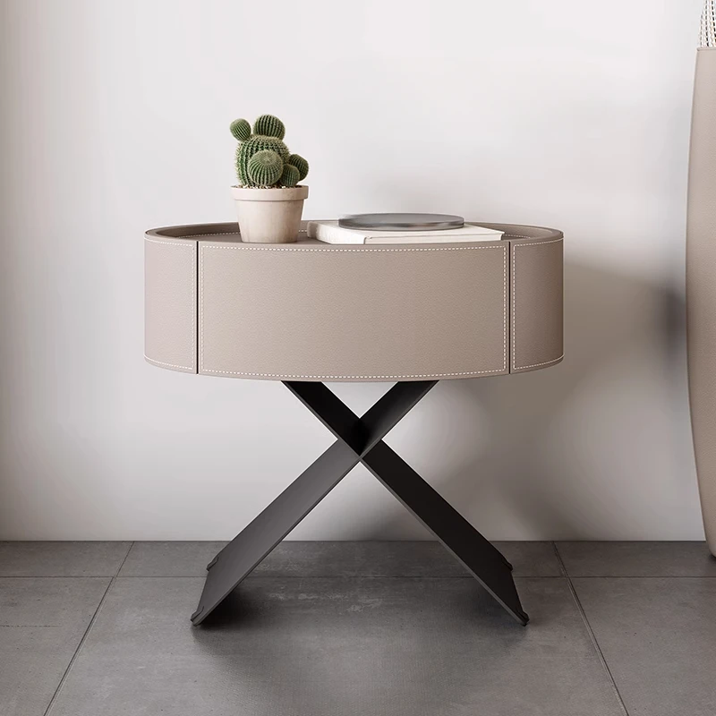 

Italian Simple Bedside Table,Saddle Leather and PU Leather Optional, Creative Oval Simple Design,Exquisite Leather Cutting Lines