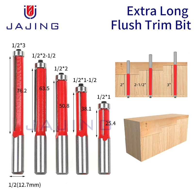 

1pc 1/2 Shank 2" 3" Flush Trim Router Bit with Bearing for Wood Template Pattern Bit Tungsten Carbide Milling Cutter for Wood