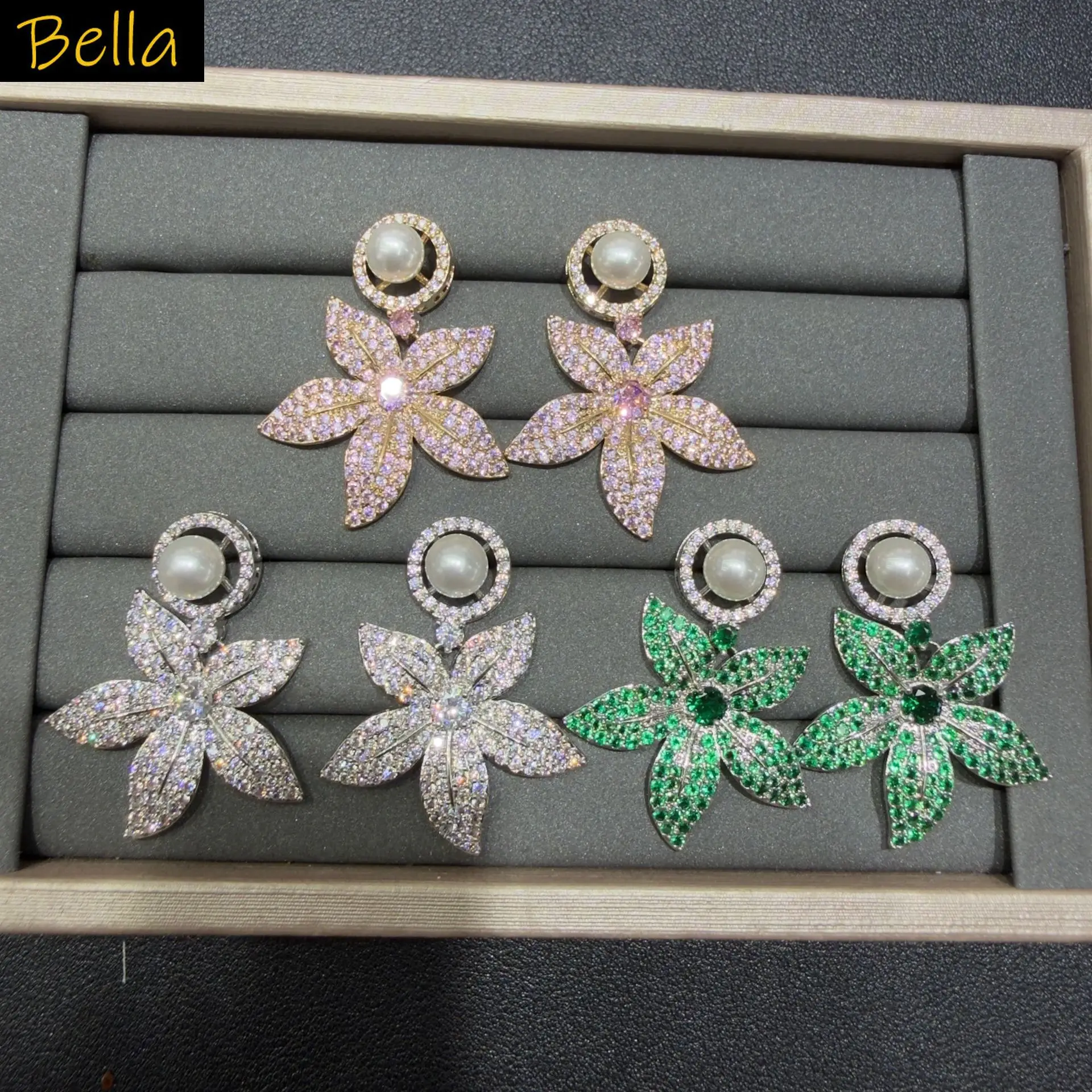 

sparkly cubic zirconia flower earrings for women girls cute jewelry pink green white petals floral dangle earrings dinner party