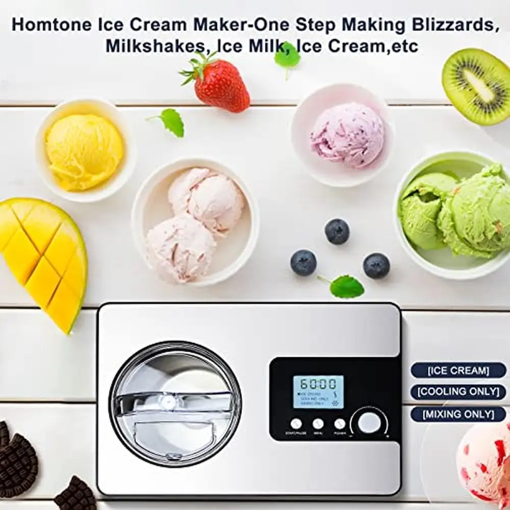 Automatic Ice Cream Maker LCD Timer Compressor 2.1 Quart Stainless Steel Bowl BPA-Free Mixing Blades Macron Mode Sorbet Gelato