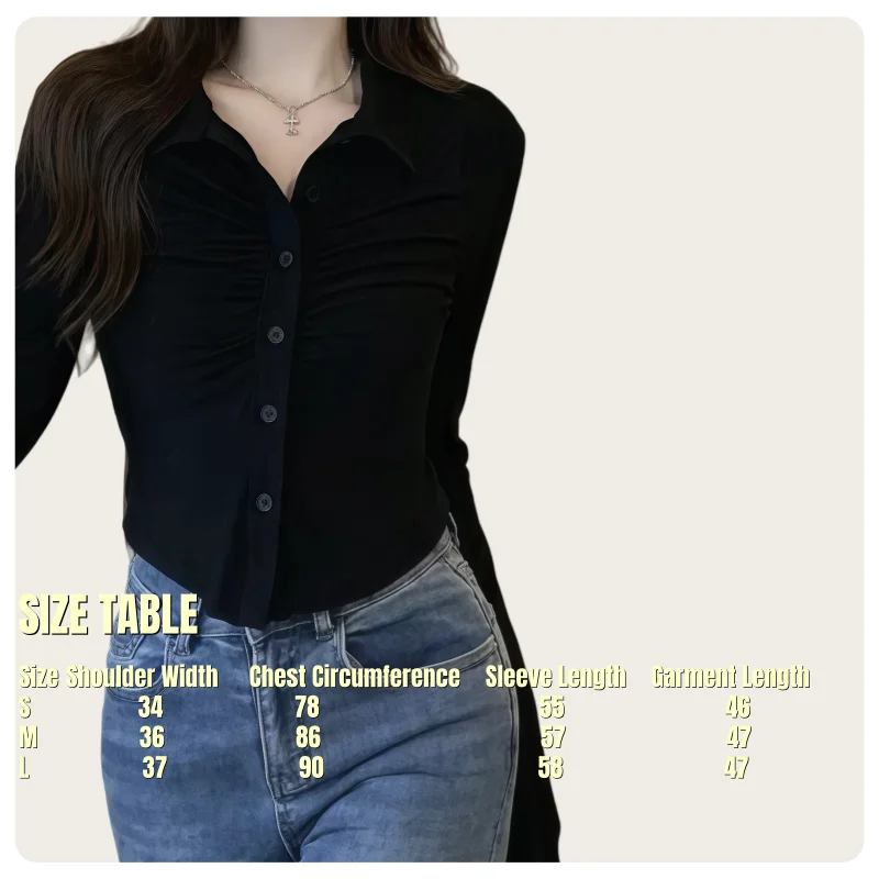 Koreanisches Retro-Style Frühlings- und Herbst-Damenhemd mit schmaler Passform, Kragen, Falten-Design, Knopfleiste vorne, geripptem Stoff, langärmeliges kurzes Oberteil. – Detail 2