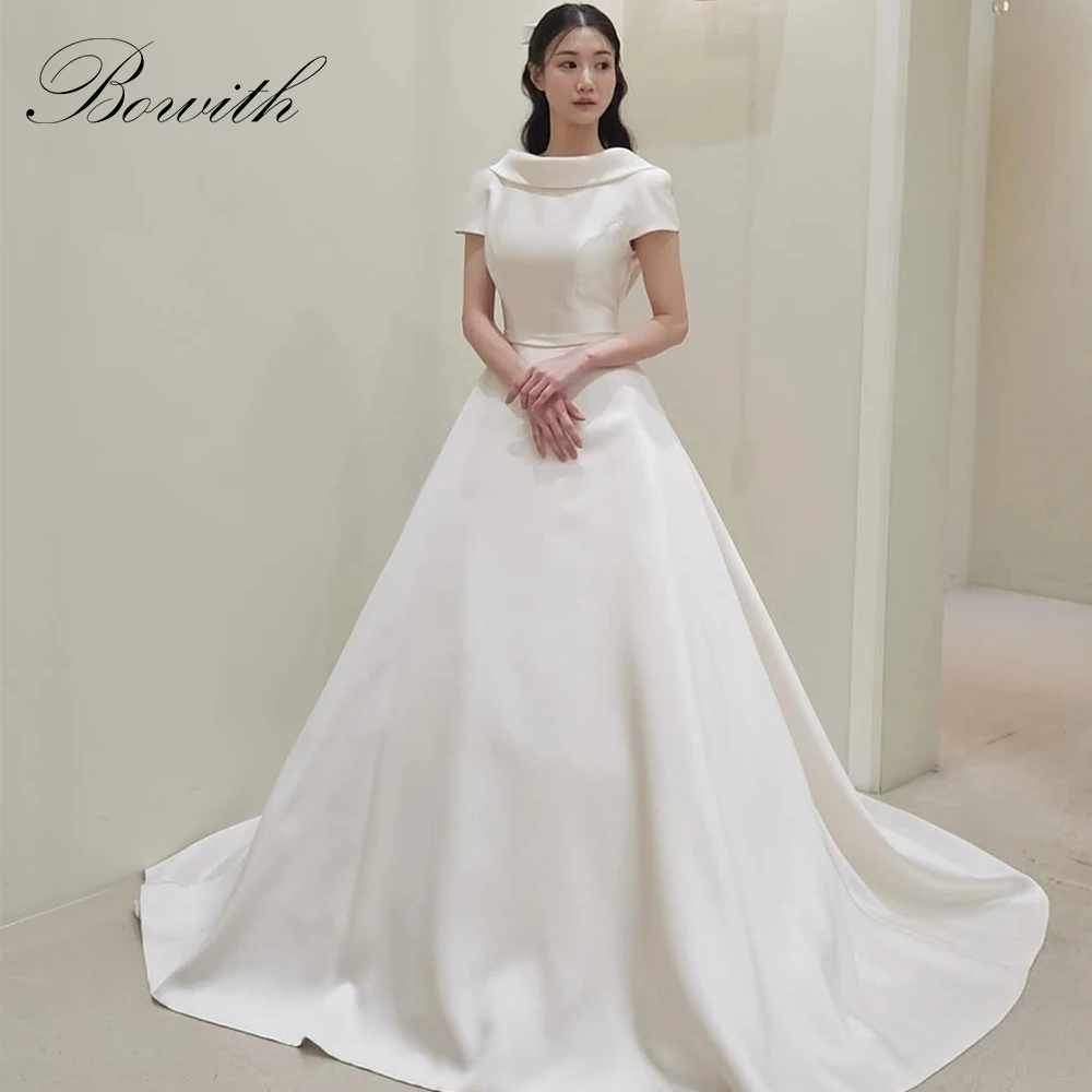 

Bowith 2025 Korean Wedding Dresses A-Line Satin Short Sleeves Bridal Gown Customized Elegant Wedding Snap Dresses