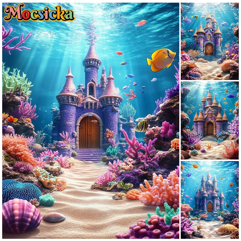 

Mocsicka Mermaid Castle Photography Backdrop Purple Undersea Palace Colorful Coral Background Kid Girl Birthday Party Photoshoot