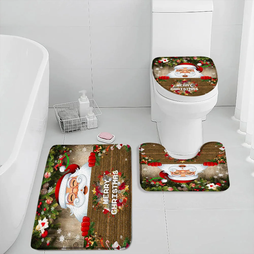 Funny Santa Claus Bath Mat Set Green Pine Bough Red Xmas Ball Brown Plank New Year Bathroom Decor Non Slip Rugs Toilet Lid Cover