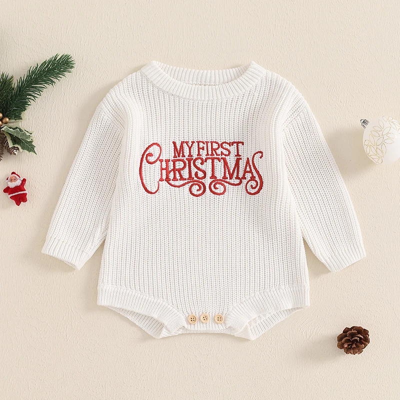 My First Christmas Baby Boys Girls Knit Bodysuits Kids Letter Embroidery Long Sleeve Sweater Romper Toddler Bubble Jumpsuits