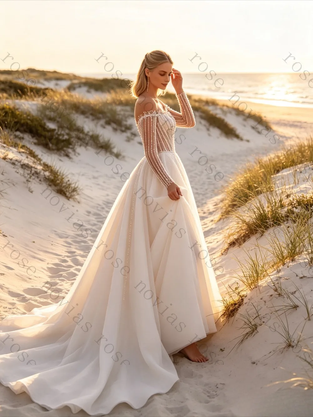 Customized Off Shoulder A Line Bridal Gown Sparkly Mesh Arms Beaded Bodice Soft Satin Tulle Long Train Elegant Wedding Dress