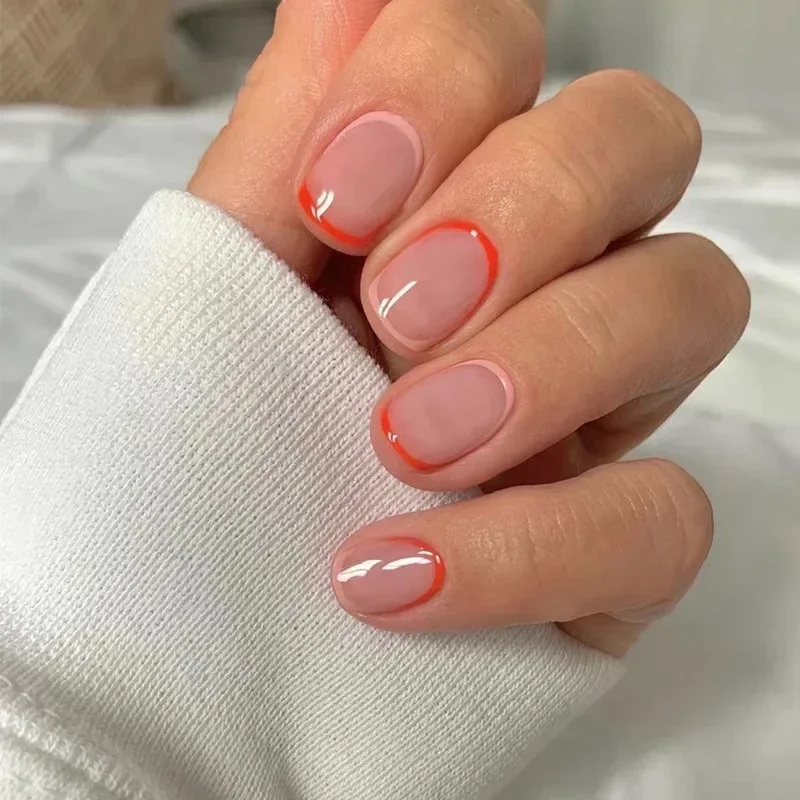 24pcs French Rainbow Fake Nails Nude Design False Nails Art Full Coverage Waterproof Adhesive Artificial Press on Nail with Tool