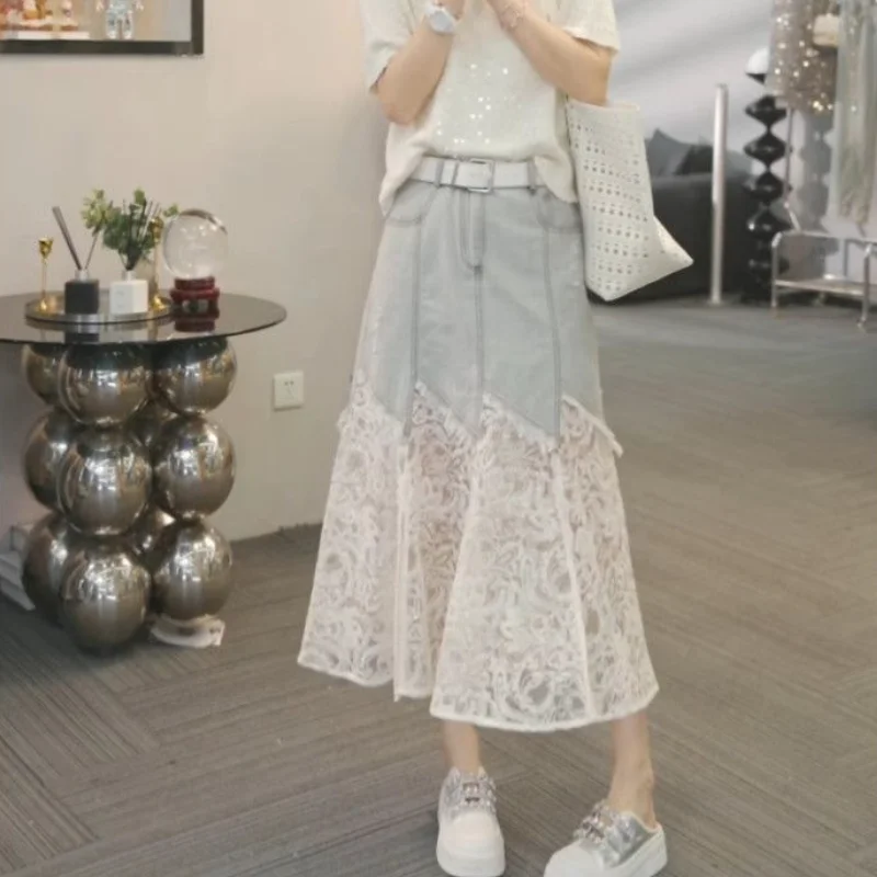 Summer New Women Clothing with A Western-Style Waist French Style Design Fashion Versatile Temperament Lace Patchwork Denimskirt