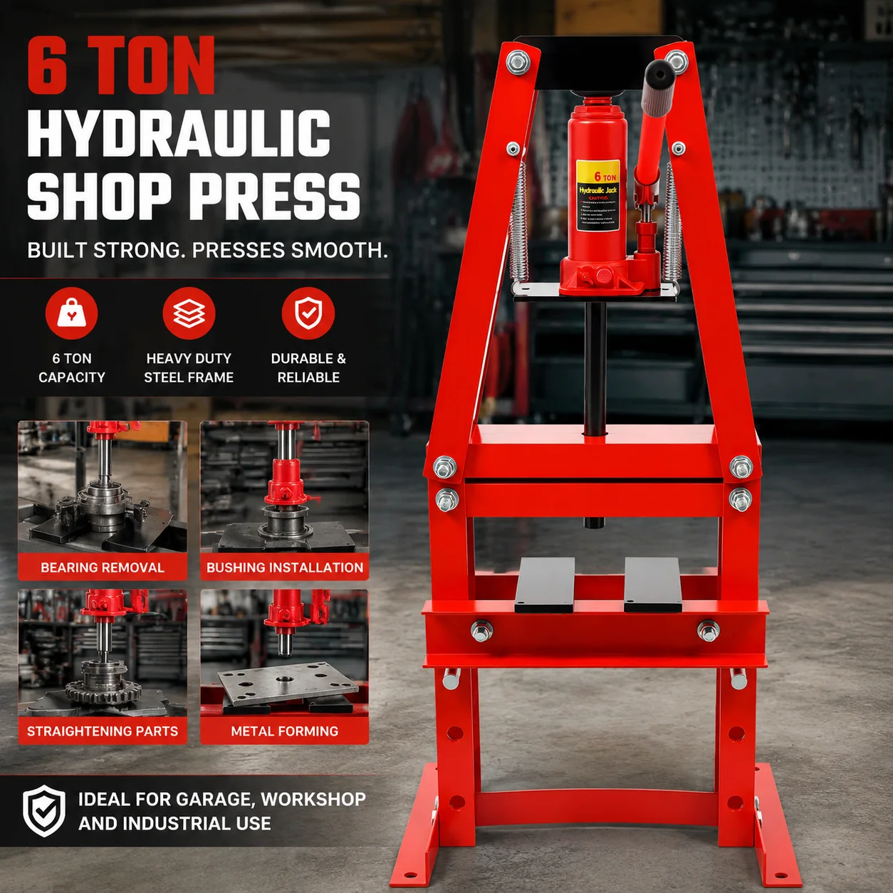 

6T A-Frame Hydraulic Shop Press with Plates Manual Operation Carbon Steel Red 130mm Stroke 50-110mm Working Distance Heavy Duty for Workshop Garage Bearing Pressing Bending Straightening
