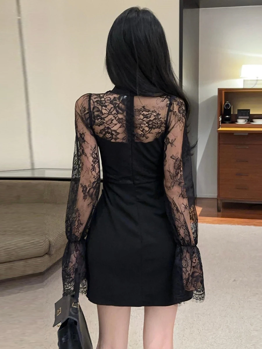 خمر الحلو Y2K الأسود شير الدانتيل مساء اللباس المرأة مثير انقطاع جرس كم Bodycon البسيطة فستان قصير حزب ثوب الراقية سيدة