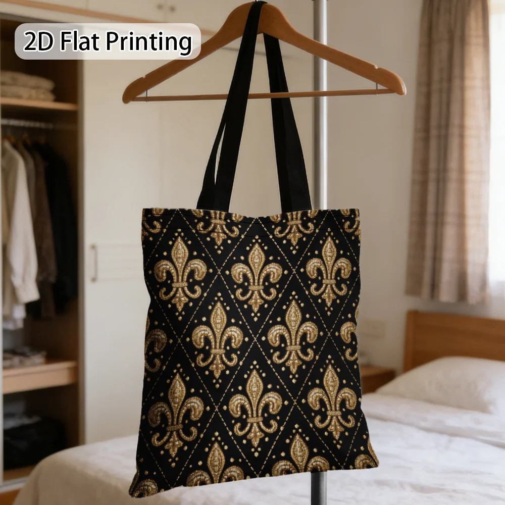 1pc Golden Fleur-de-Lis Tote Bag Suitable for Shopping, Office & Travel - Elegant French Fleur-de-Lis, Rectangular Shoulder Bag
