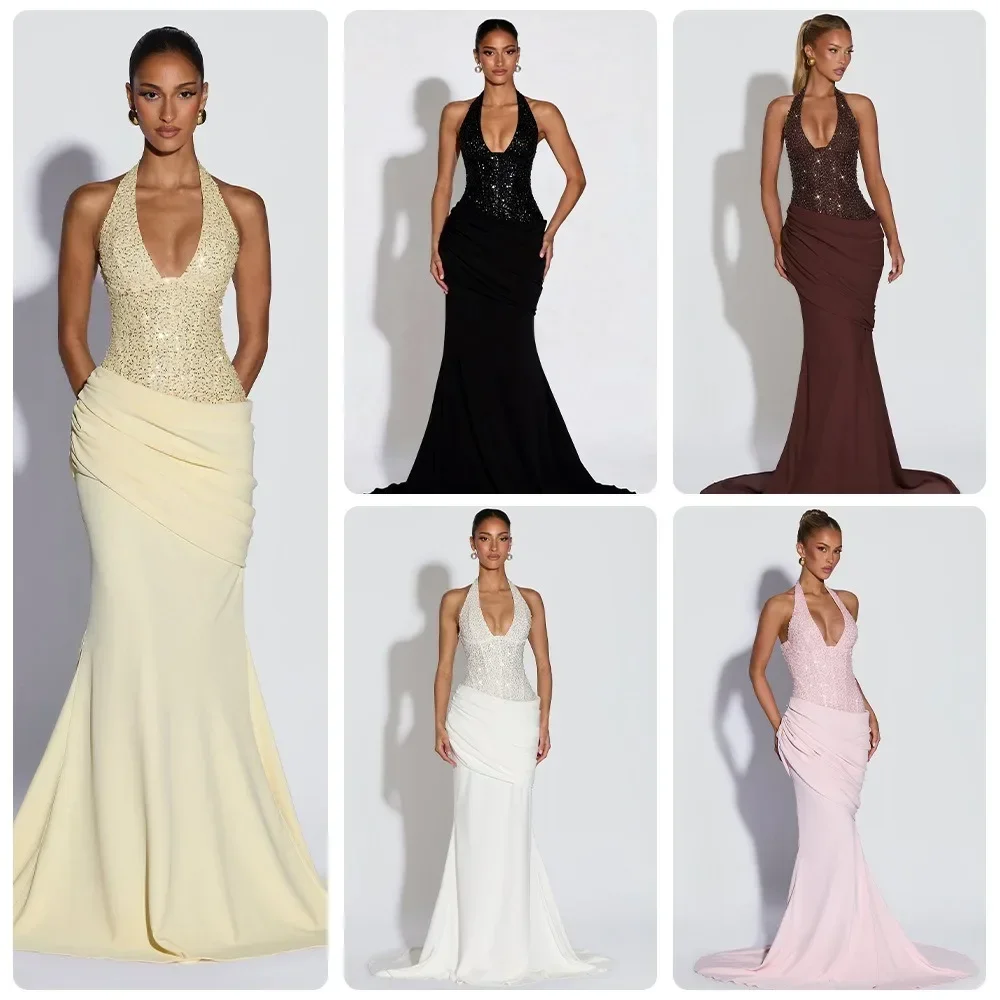 European American Women New Halter Deep V Sequin Ruched Bodycon Train Maxi Banquet Gown