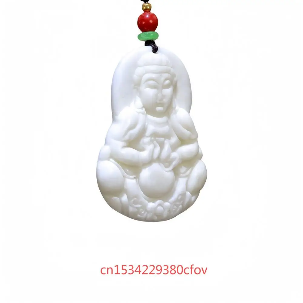 Natural Real White Jade Bodhisattva Pendant Necklace Fashion Jewelry Luxury Accessories Chinese Carved Charm Talismans Gifts