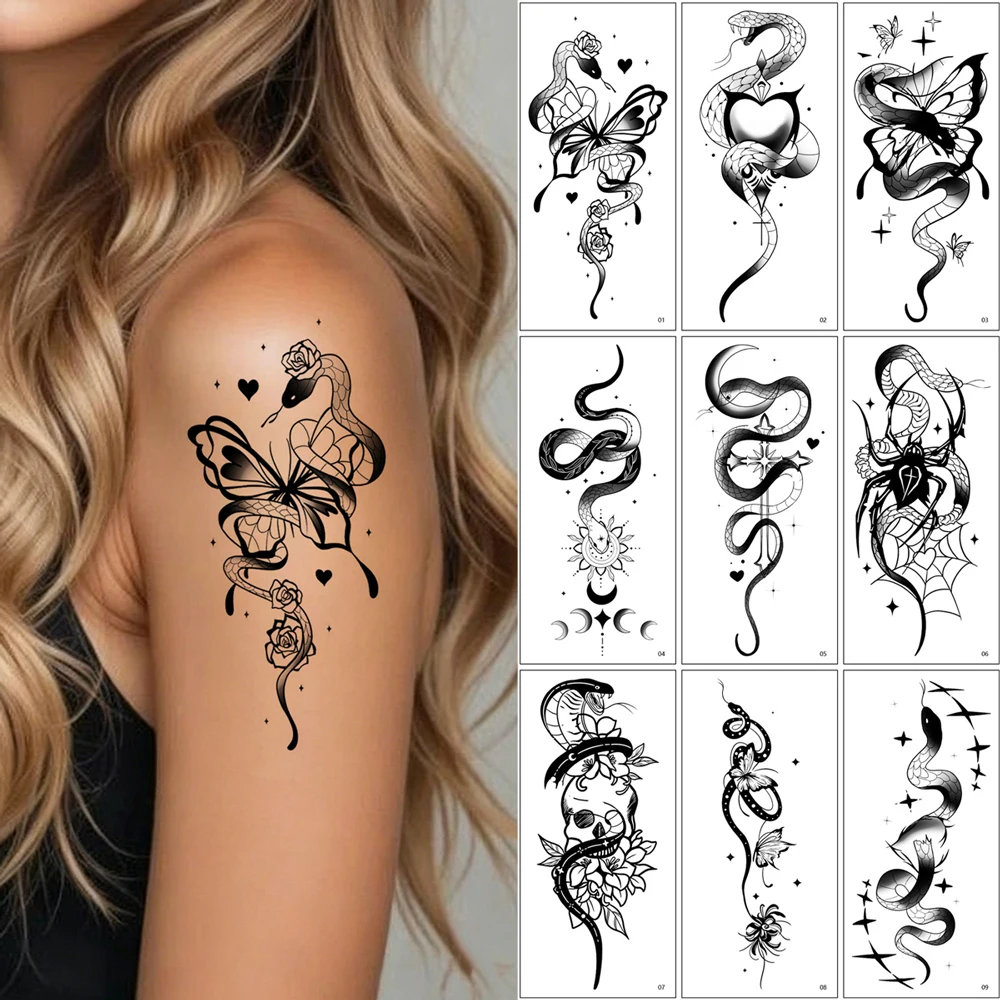 9pcs Men's Hand Tattoo Snake Flower Butterfly Temporary Tattoo Stickers Fake Tattoo for Women Hand Arm Halloween Body Stickers