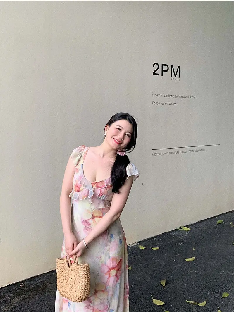 

V-Neck Floral Print Maxi Dress Midi Skirt Korean Style Commute High Waist A-Line Skirt Summer New Arrival plus Size Women