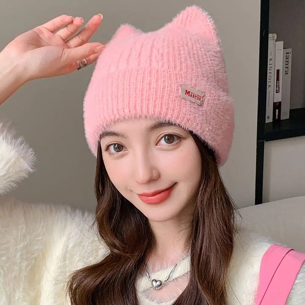 Cat Ear Earflap Women Knitted Hat Cute Candy Color Faux Fur Pullover Cap Kpop Style Winter Hat Women Girls