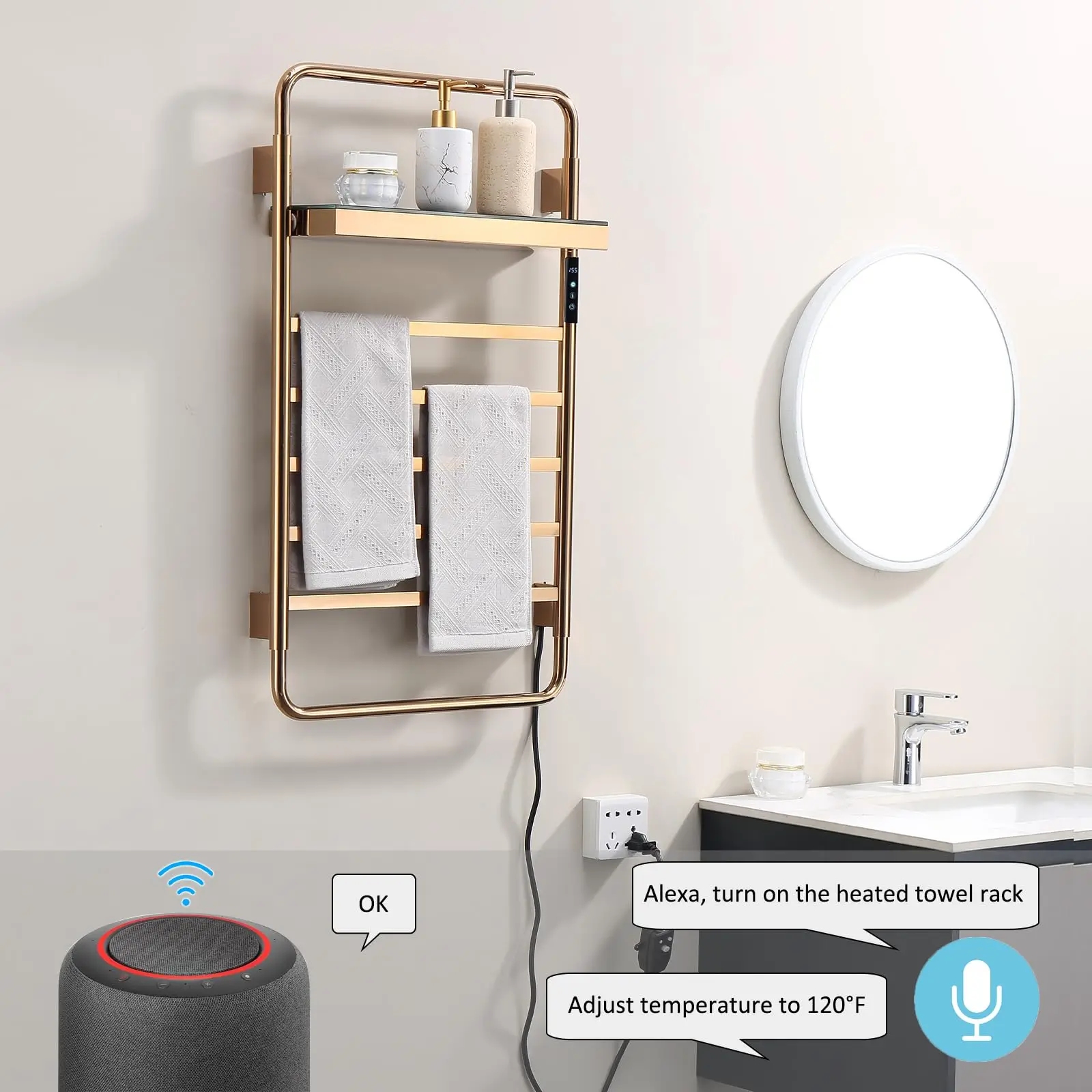 Smart Heating Towel Rack with Timer and Voice Control - Bathroom Wall-mounted Electric Towel Warmer, IPX4 Waterproof (Rose Gold)