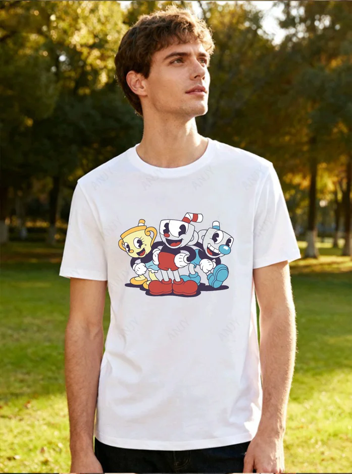 American Retro Cartoon Cute T-shirt with Red and Blue Tea Cup Brother Print Loose Short Sleeved Cotton Top