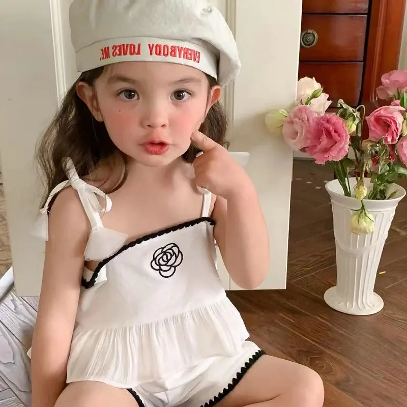 2023 Summer Girls Cute Two Pieces Suit Baby Kids Children Clothing Set Including Suspender+ Shorts