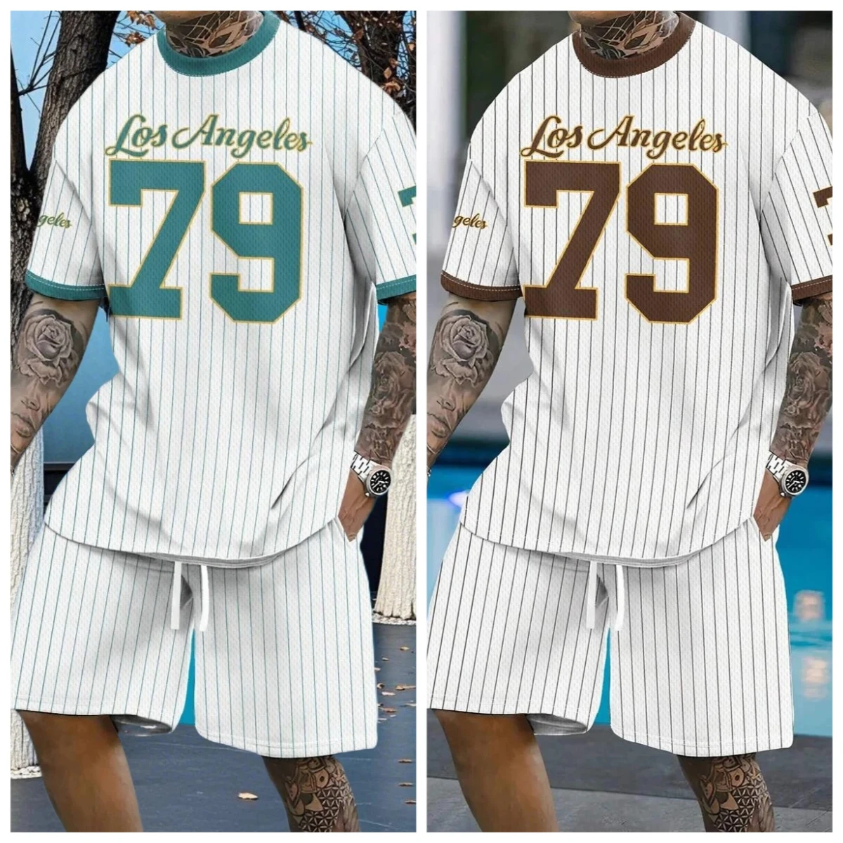 

25/26 Men's Los Angeles Print Short Sleeve T-Shirt & Shorts Set Round Neck Gradient Short Sleeved Women's T-shirt Shorts Set