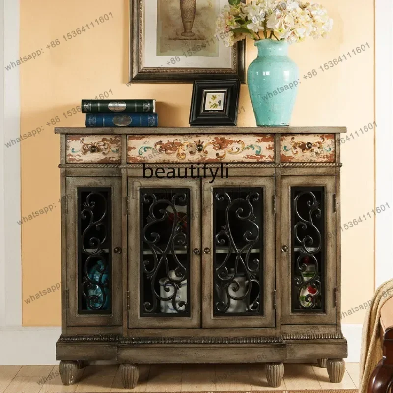 

yj9 American solid wood entrance storage wine cabinet retro European small apartment storage hollow cabinet