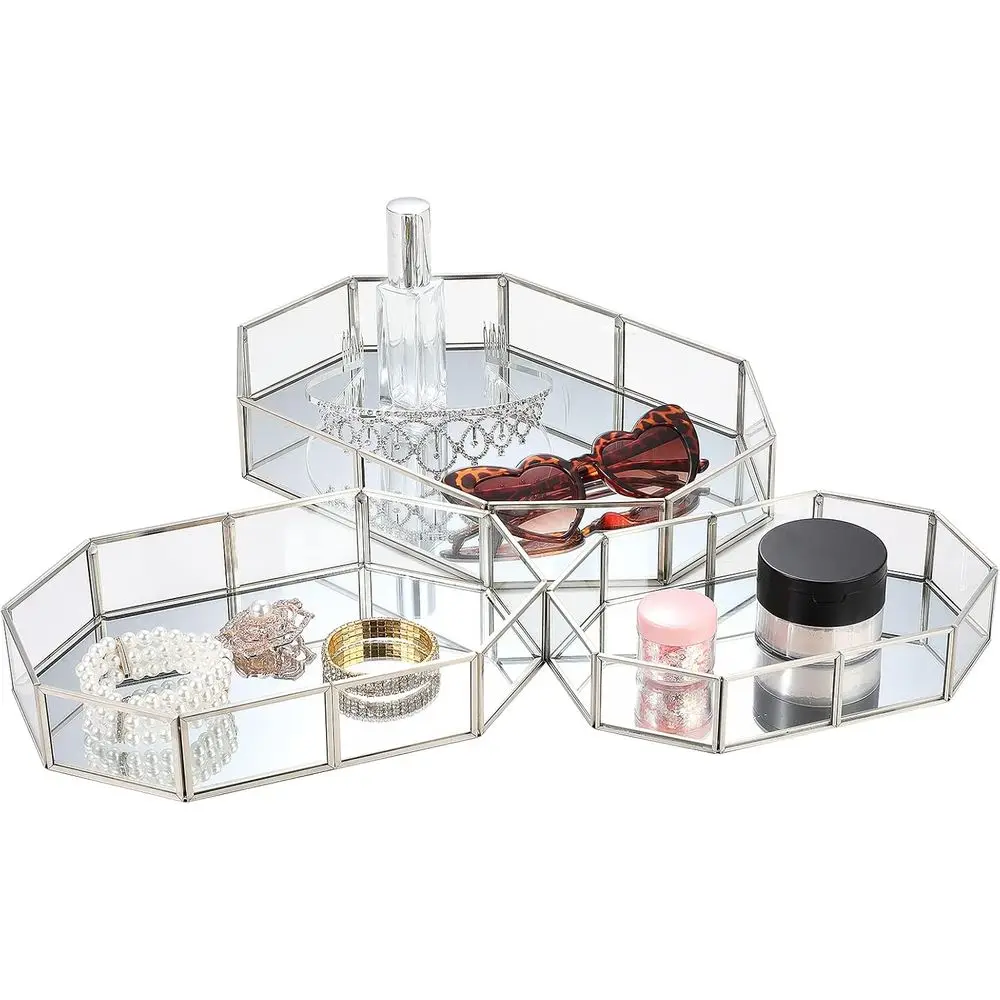 

3 Pieirror Glass Vanity Tray Silver Ornate Makeup Tray Metal Vintage Octagonal Perume Drer Trays /Bedroom Home Decor Drer Hotel