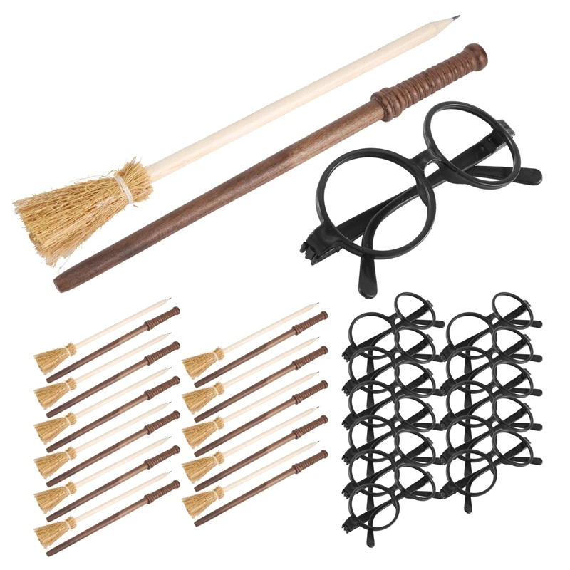 36 Pcs Witch Broom Pencil And Wands Pencils And Glasses With Round Frame No Lenses,Wizard Wands Theme Party Supplies